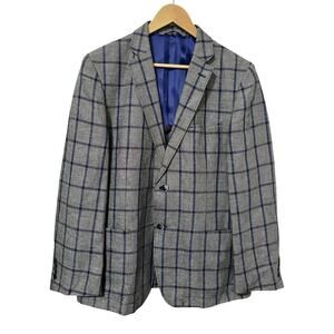 Ben Sherman Mens Plaid Linen Blend Two Button Blazer Size 42R Gray Academia